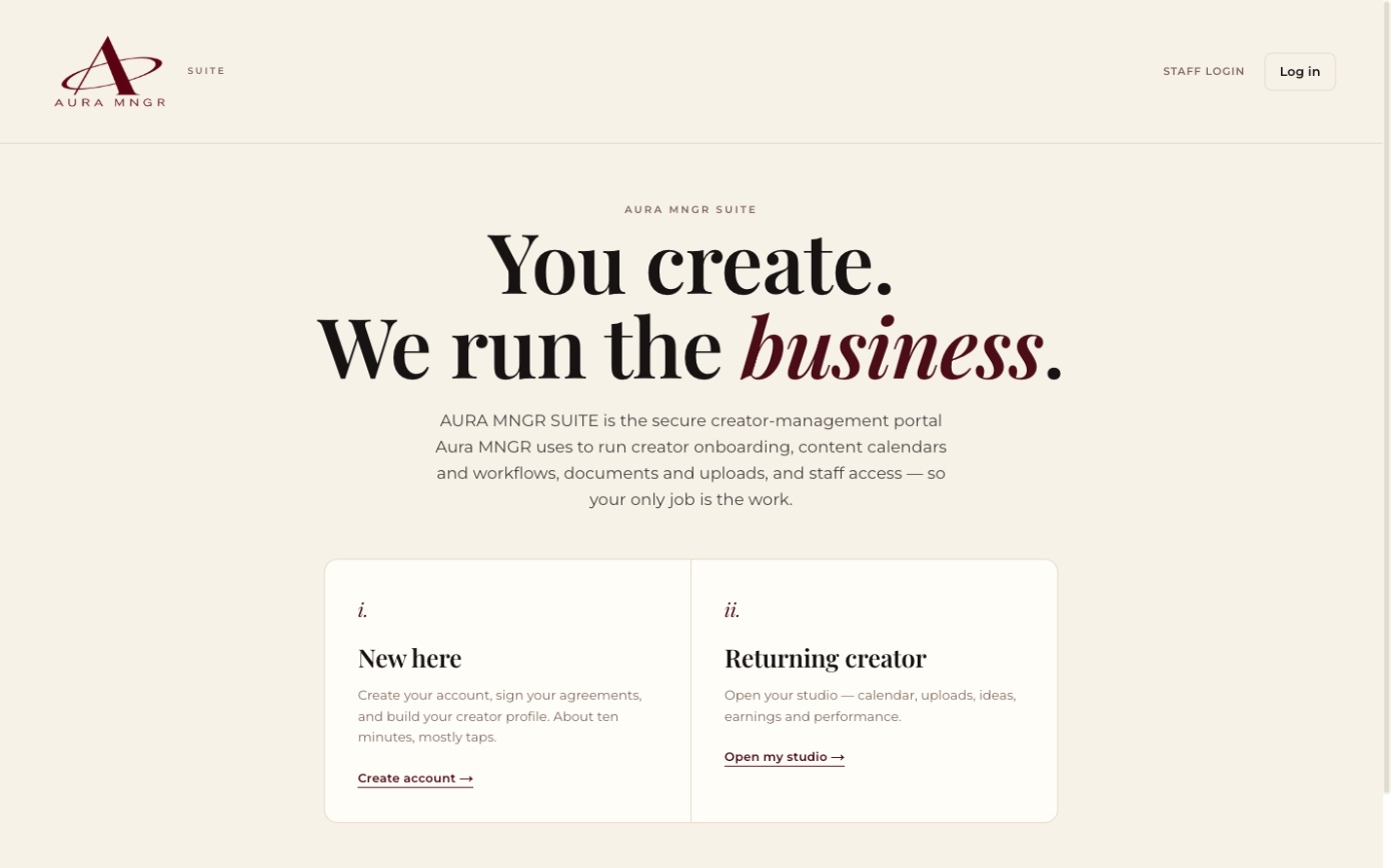 AURA MNGR Suite home: “You create. We run the business.” with New here and Returning creator paths