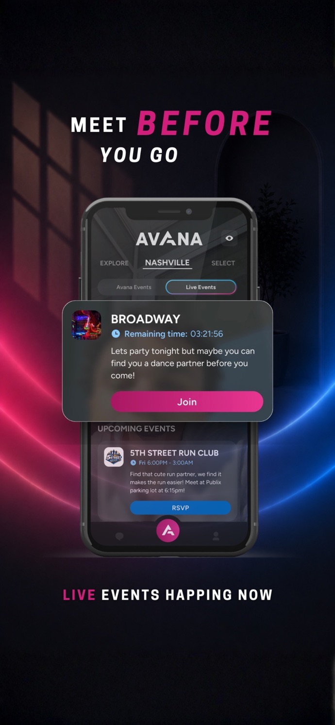 Avana App Store screenshot: “Meet before you go”, an event invitation and upcoming events list