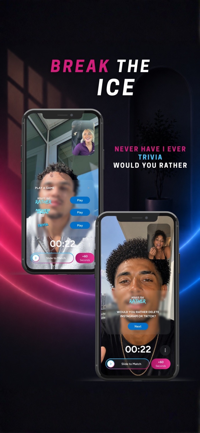 Avana App Store screenshot: “Break the ice”, two video calls with Never Have I Ever, Trivia and Would You Rather games