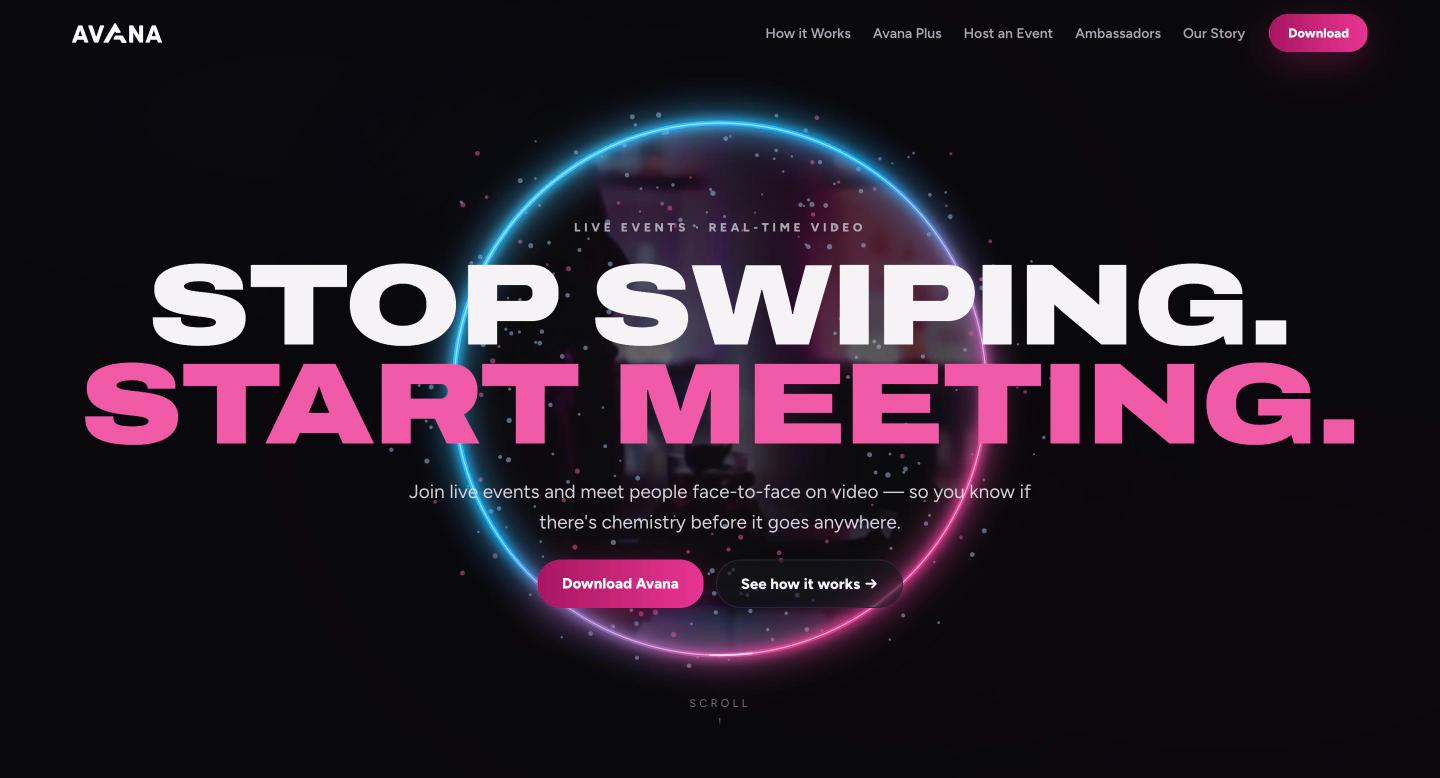 Avana homepage: “Stop swiping. Start meeting.” over a glowing ring, with Download Avana and See how it works buttons