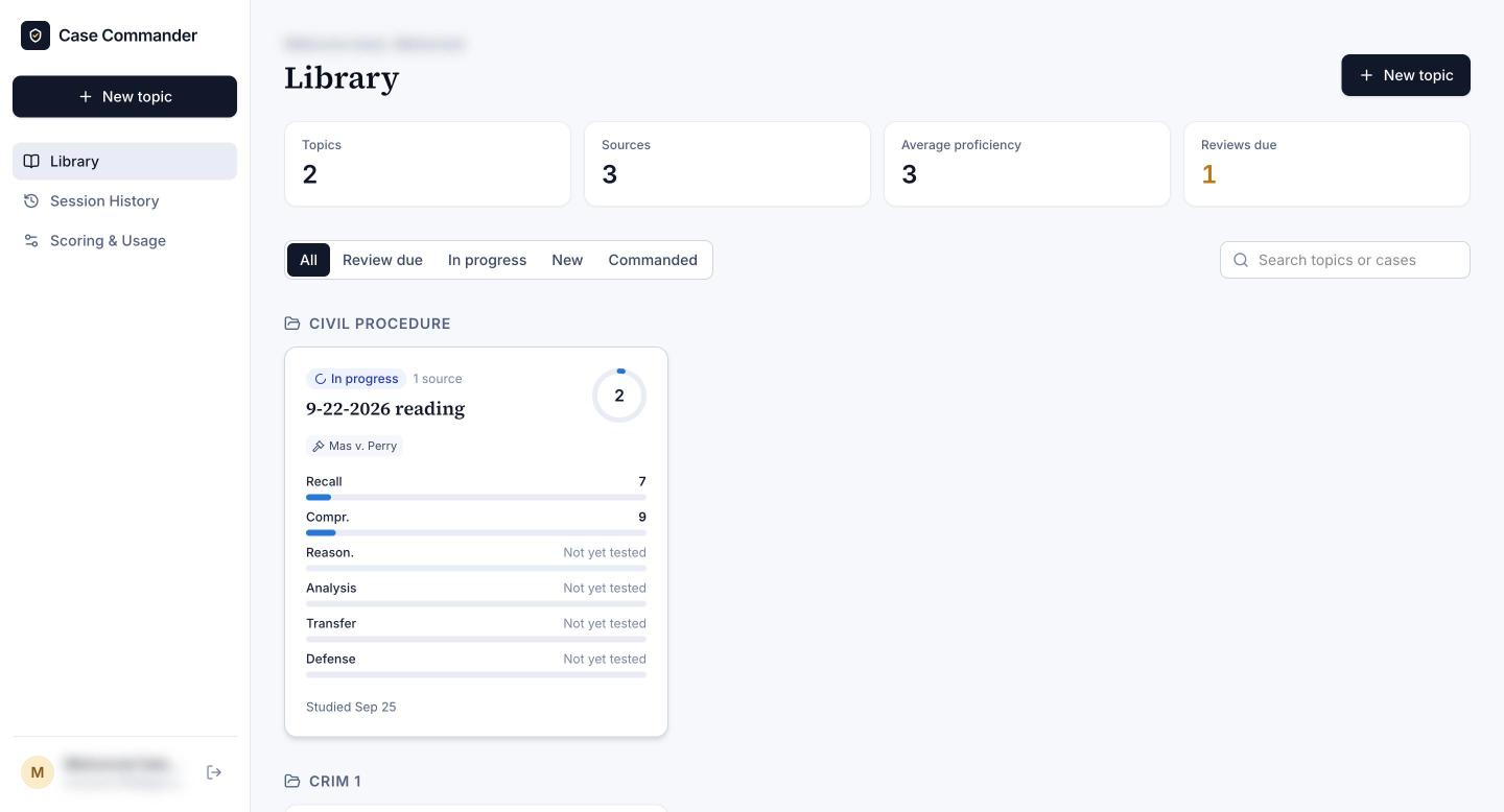 Case Commander library of study topics with proficiency across recall, comprehension, reasoning and more