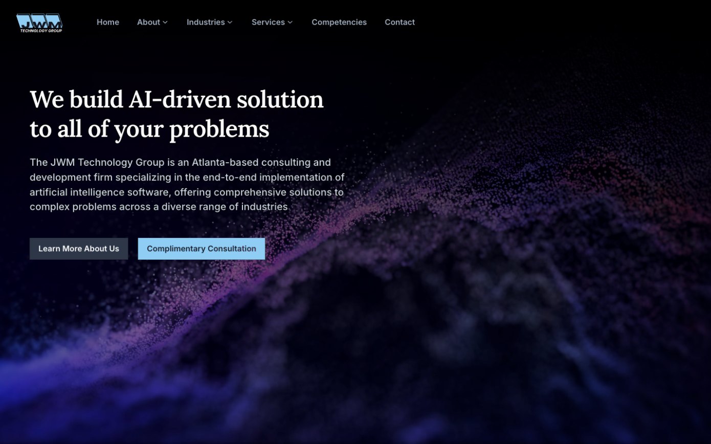 JWM Technology Group homepage: “We build AI-driven solution to all of your problems” over a purple particle-wave background